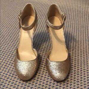 Gold glitter ankle strap heels